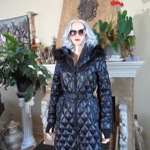 New Diane Von Furstenberg Black Quilted Down Coat w/Faux Fur Trim Hood Size S - Picture 4 of 16
